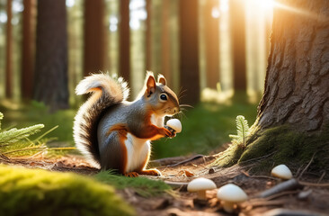 Obraz premium a squirrel eats a white mushroom in the forest, against the backdrop of the forest, pine forest, sunlight passes through the trees, summer, day close-up