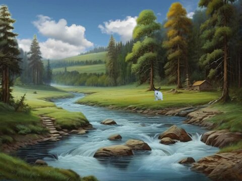 River, mountain and flower field landscape with butterflies, frogs, deer and rabbits. seamless looping time-lapse animation  video background. Generated AI