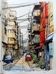 Urban city watercolor art
