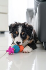 A tri-color puppy with a curious gaze plays with a colorful ball on a soft white surface, embodying innocence and playfulness..