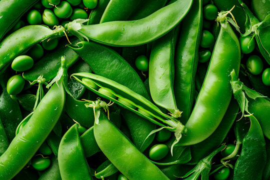 Capture a vertical close-up image of a bunch of fresh snap peas, showcasing their raw and vibrant essence.





