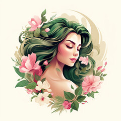 Beauty logo design, silhouette of woman in flowers and leaves in green and pink colors