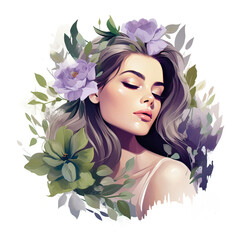 Beauty logo design, silhouette of woman in flowers and leaves in green and purple colors