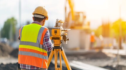 The laborer is conducting a survey to determine distances, heights, and bearings using a transit instrument on the building location. - obrazy, fototapety, plakaty