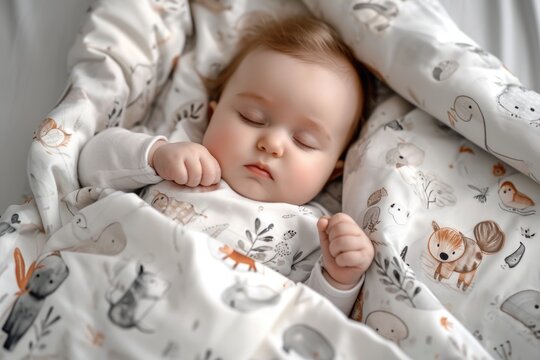 An image capturing the peaceful slumber of a baby enveloped in soft bedding adorned with whimsical woodland creatures.