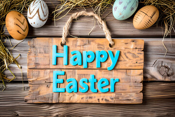 words "Happy Easter" against a rustic wooden backdrop, embodying the essence of the Easter concept.
