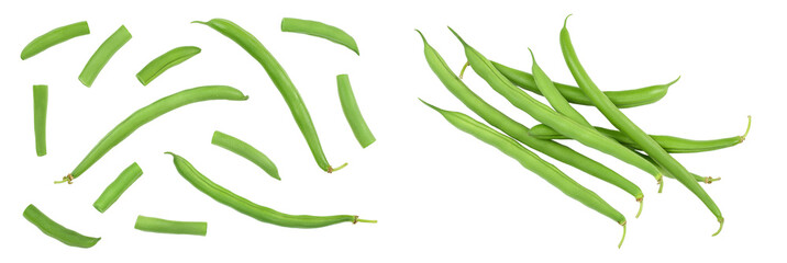 Green beans isolated on a white background , Top view. Flat lay