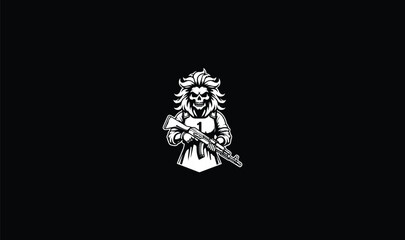a lion ghost holding gun ak 47 black and white background