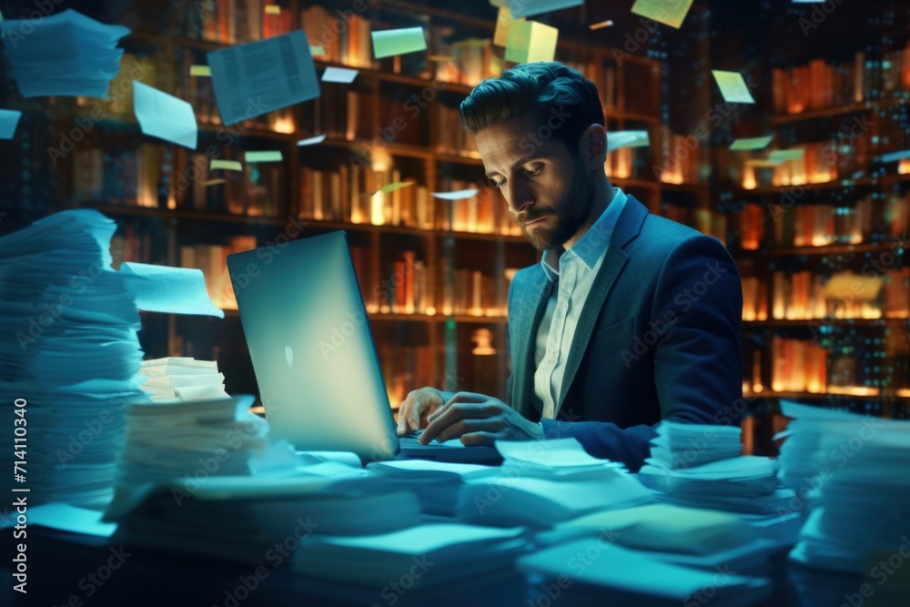 Poster businessman using computer for online documentation and file storage.