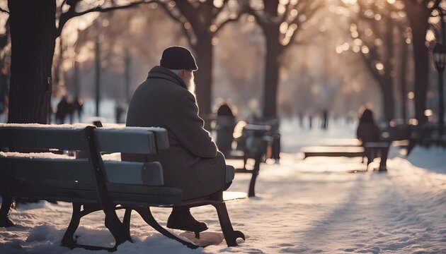 Onely Old Man And Old Woman On A Bench In The City Winter Park