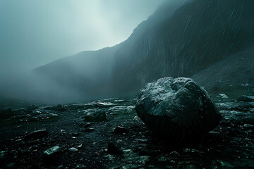 Capture a cinematic 35mm film scene: a boulder rolling down a mountain, heavy rain, dark clouds, and dramatic lighting. The concept of strength, fury, resilience and indomitability - obrazy, fototapety, plakaty
