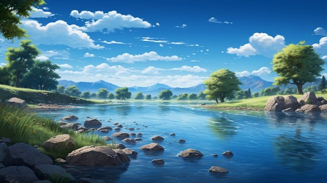 A serene riverside scene with a clear blue sky and gentle flowing waters in the daytime, displaying the tranquil beauty of a daytime riverbank.  - Generative AI