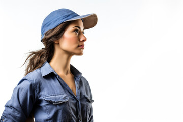 Fototapeta premium Business woman in blue jean hat side view, isolated white background