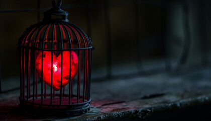 Fototapeta na wymiar Red glowing heart inside a bird cage, on a black background