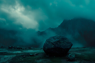 Capture a cinematic 35mm film scene: a boulder rolling down a mountain, heavy rain, dark clouds, and dramatic lighting. The concept of strength, fury, resilience and indomitability