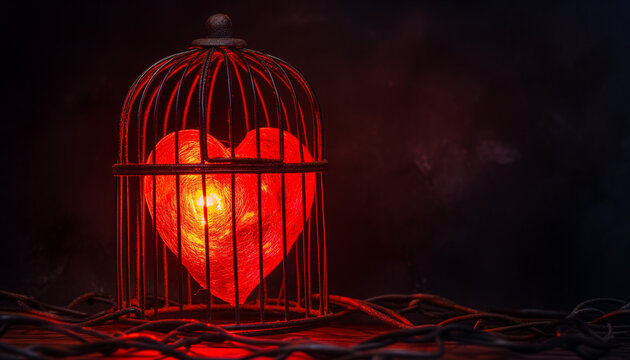 Red glowing heart inside a bird cage, on a black background