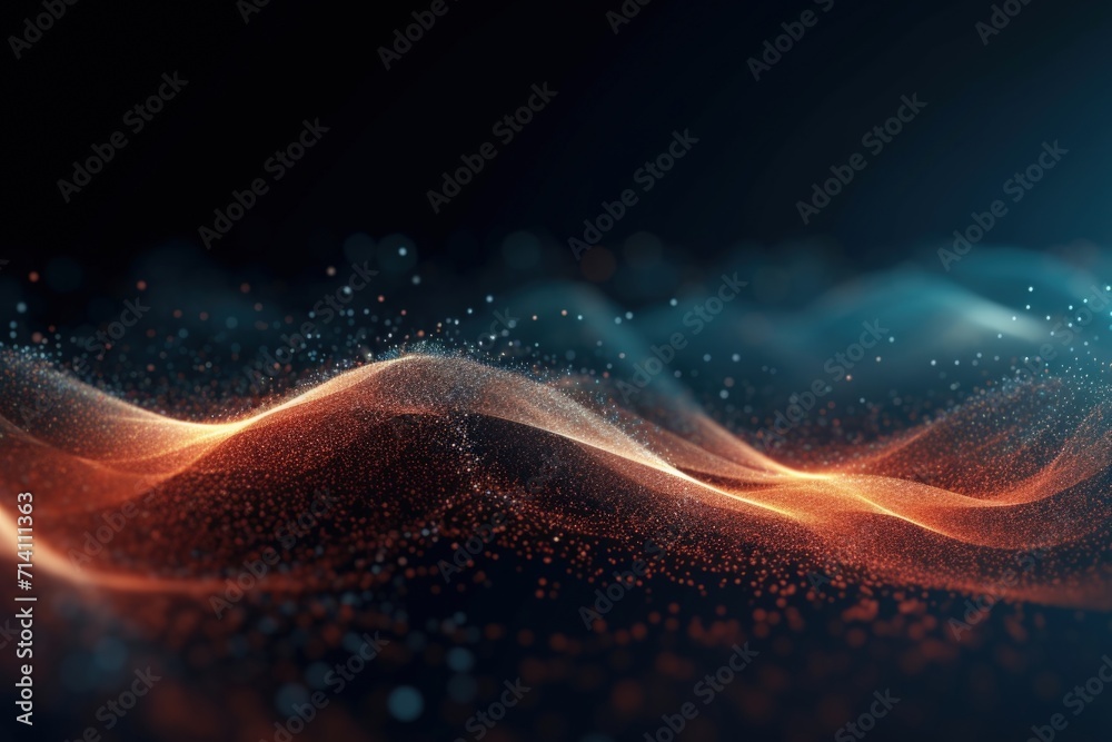 Poster dynamic digital wave background with dots and particles.