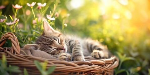 Sunny morning. Kitten is sleeping in wicker basket - obrazy, fototapety, plakaty