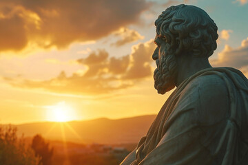 socrates statue and sunset cinematic