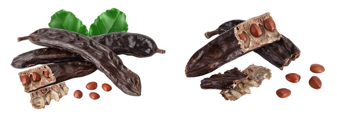 Ripe carob pods and bean isolated on white background with full depth of field - obrazy, fototapety, plakaty