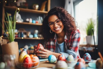 Fototapeta premium A black woman paints eggs. concept of a happy Easter.