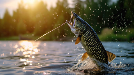 close-up of a pike fish with an open mouth caught on a fishing rod on an iron hook and jumped out of the water - obrazy, fototapety, plakaty