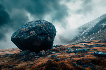 Capture a cinematic 35mm film scene: a boulder rolling down a mountain, heavy rain, dark clouds, and dramatic lighting. The concept of strength, fury, resilience and indomitability