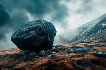 Fototapeten Capture a cinematic 35mm film scene: a boulder rolling down a mountain, heavy rain, dark clouds, and dramatic lighting. The concept of strength, fury, resilience and indomitability © Uliana
