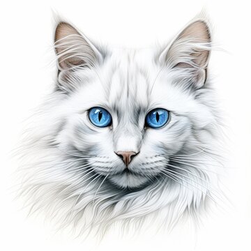 Pencil sketch cute white cat blue eye image Generative AI