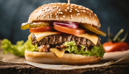 Delicious Grilled Cheeseburger with Fresh Lettuce and Tomato - A Tasty Fast Food Meal