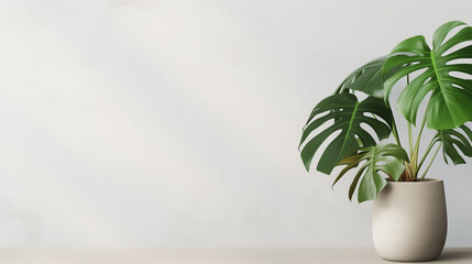 monstera plant in a ceramic pot in front of a white house wall or white background. Tropical house plant interior design concept.  - obrazy, fototapety, plakaty