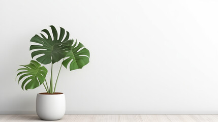monstera plant in a ceramic pot in front of a white house wall or white background. Tropical house plant interior design concept. 