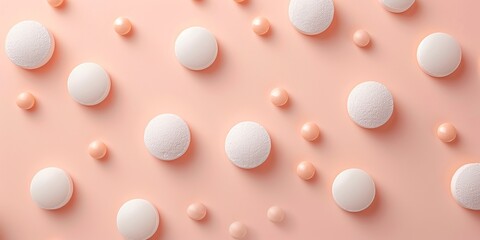 White tablets and peach dragee, arranged on a peach background, banner. Concept: medicine, healthcare, pharmaceuticals