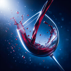 Poring red wine in a glass with a dark blue background. 