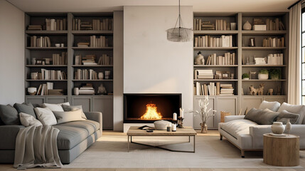 Beautiful living room interior with hardwood floors, offered ceiling, and roaring fire in fireplace, in new luxury home
