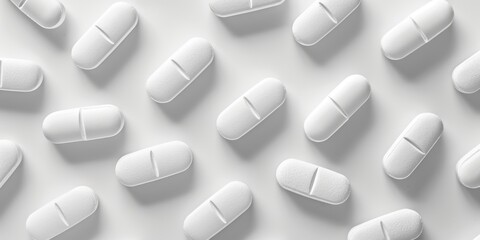 White pills, scattered on white background, banner. Concept: medicine, healthcare, pharmaceuticals