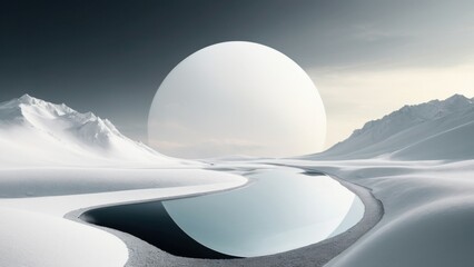 Surreal landscape with white circles, generative, AI
