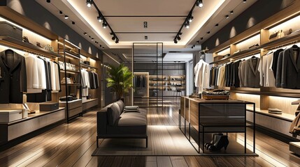 Modern interior of a luxury and fashionable clothing store - obrazy, fototapety, plakaty