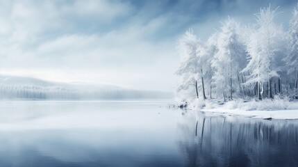 Obraz premium A serene winter landscape with snow-covered trees and a frozen lake, offering unoccupied space for text overlay against the wintry scene - Generative AI