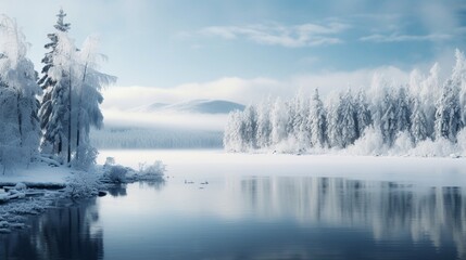 A serene winter landscape with snow-covered trees and a frozen lake, offering unoccupied space for text overlay against the wintry scene - Generative AI