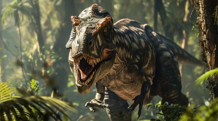 Prehistoric dinosaur era. Jurassic period park. Ancient extinct animal. Wild dangerous dino with sharp teeth. Big scary tyrannosaurus tropical jungle. Wildlife many years ago. Powerful predator walk.