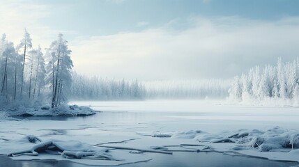 A serene winter landscape with snow-covered trees and a frozen lake, offering unoccupied space for text overlay against the wintry scene - Generative AI