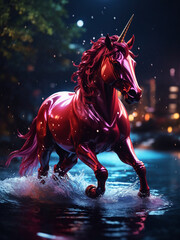 A photo of a beautiful maroon color Unicorn in water at night Generative AI