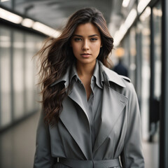 A young woman in a gray coat