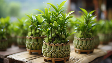 Small bamboo in a pot with flowers Houseplants in pots on a wooden table. Selective focus lucky bamboo plant in pot.