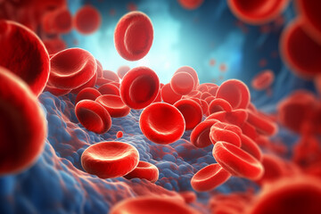 Abstract background of artery inside red blood hemoglobin molecule. Major blood cells erythrocytes.