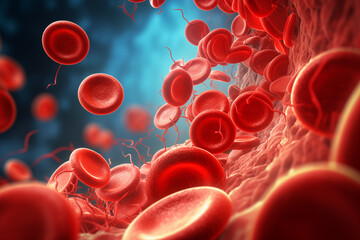 Abstract background of artery inside red blood hemoglobin molecule. Major blood cells erythrocytes. - obrazy, fototapety, plakaty