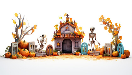 Cemetery with pumpkins and skeletons, isolated white background