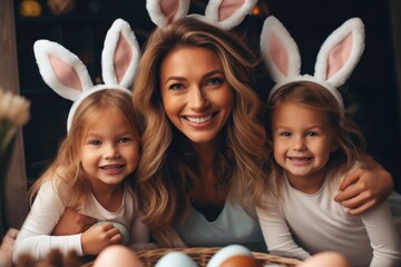 Mom and daughters paint eggs. concept of a happy Easter. - obrazy, fototapety, plakaty