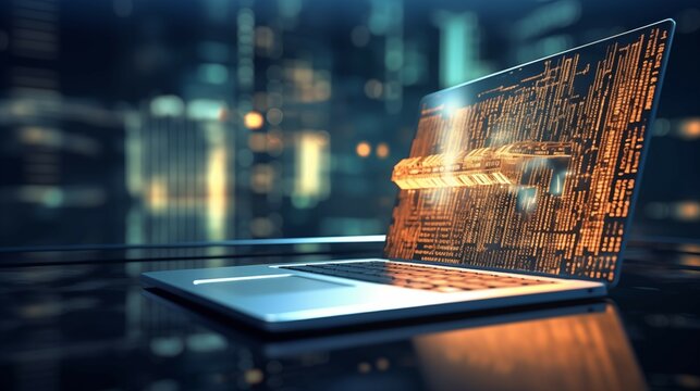 A laptop computer with a binary code on screen.